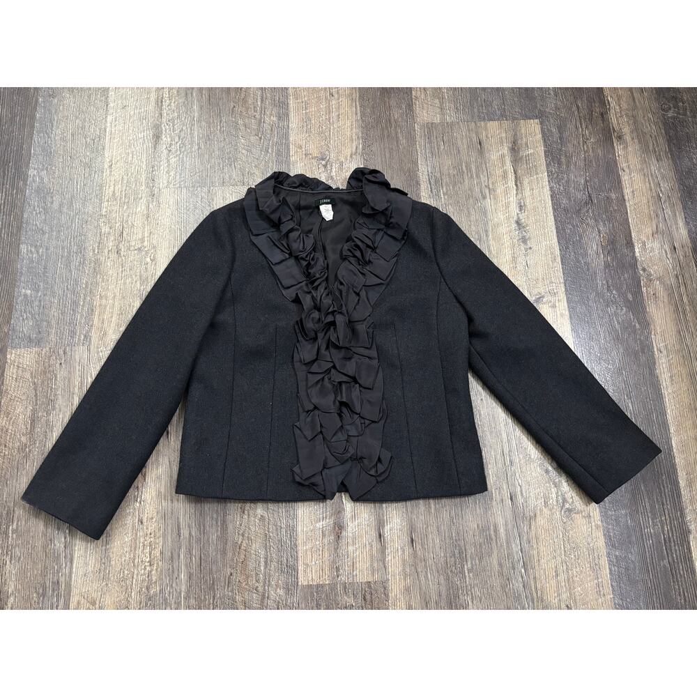 J.Crew Womens Charcoal Gray Wool Silk Ruffle Trim Blazer Jacket Size 12 RN77388